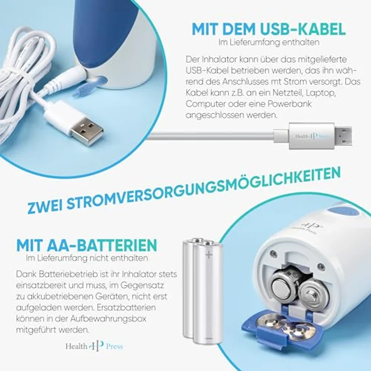 Health Press Inhalationsgerät – Tragbares, Reisetaugliches Inhaliergerät für Erwachsene & Kinder – Leiser Vernebler für effektive Inhalation, inkl. Aufbewahrungsbox, Mundstück, Masken & USB-Kabel – Bild 4