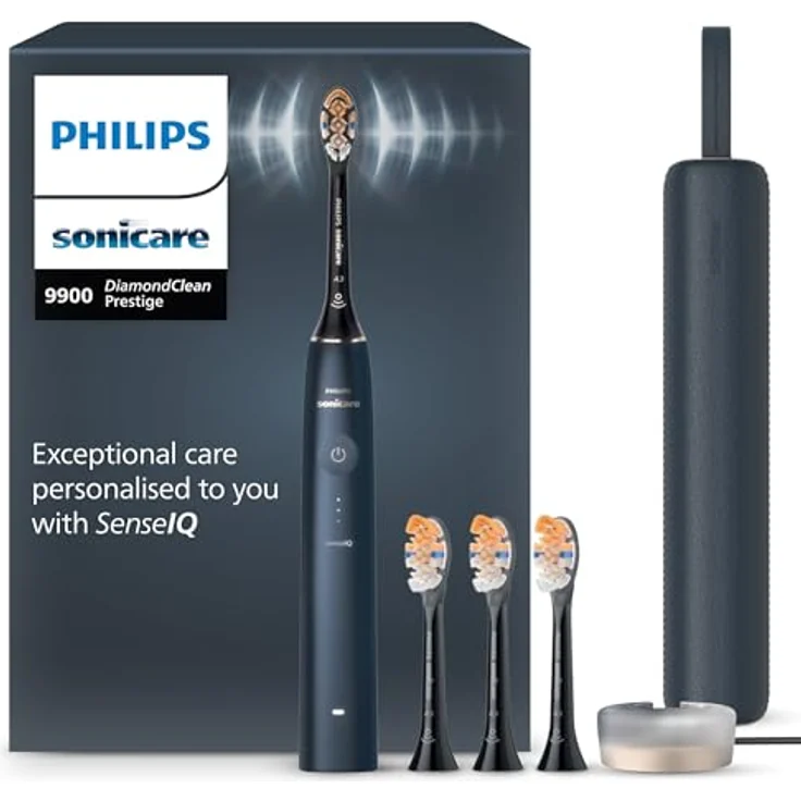 Philips Sonicare DiamondClean 9900 Prestige, elektrische Zahnbürste mit SenseIQ Technologie, App, 5 Putzmodi, 3 Intensitätsstufen, Ladeetui, dunkelblau, Modell HX9992/45 – Bild 1