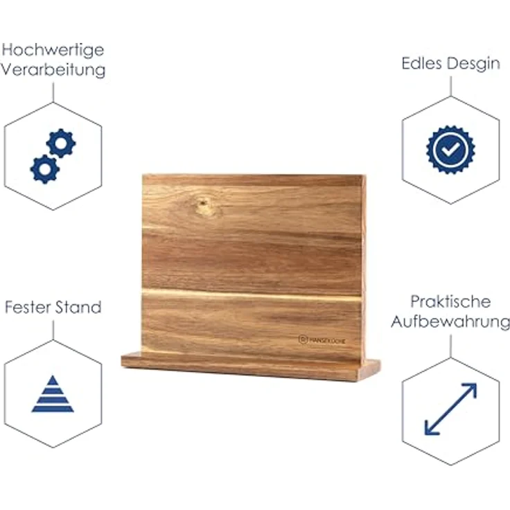 Hanseküche Messerblock magnetisch aus Akazienholz - Doppelseitiger Messerhalter ohne Messer mit Magnet aus Holz Messerbrett beidseitig (Holzboden) – Bild 4