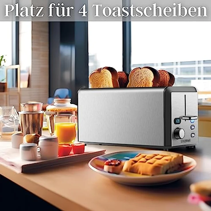 Steinborg Toaster Langschlitz | 4 Scheiben Toastautomat XXL 1500 Watt | 6-Stufen Bräuneregler | Brötchenaufsatz | Auftau-Funktion | Krümelschublade | Edelstahl | Doppelschlitz | LED Display – Bild 3