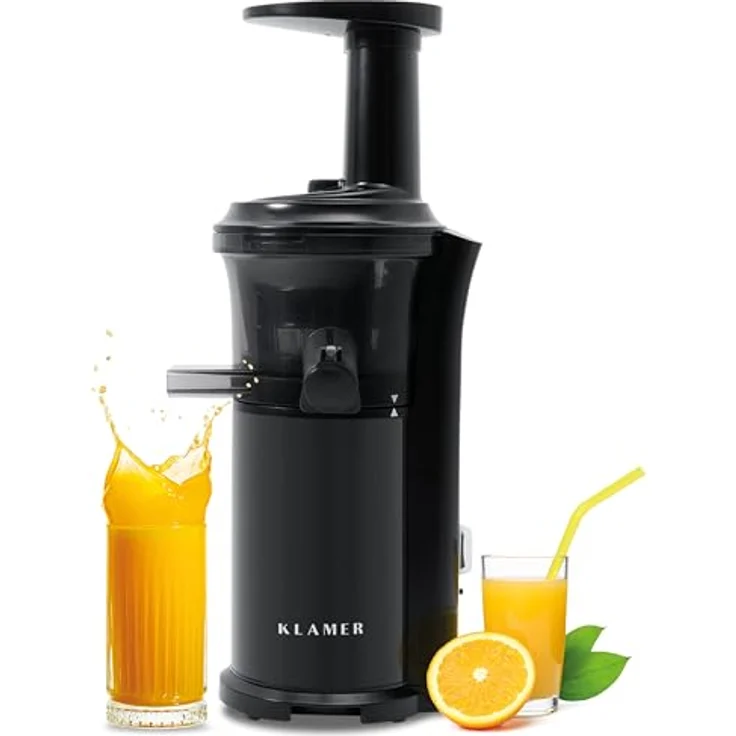 KLAMER Slow Juicer 150 Gemüse und Obst, Entsafter mit Rückwärtsgang, elektrische Fruchtpresse mit Bürste und 2 Behältern, schlankes Design, schwarz – Bild 1