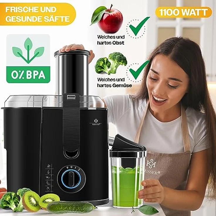 KESSER Entsafter für Obst und Gemüse, aus Edelstahl, 1100W, große 85 mm Einfüllöffnung, inkl. Reinigungsbürste und Saftbehälter, 3 Geschwindigkeitsstufen, Saftpresse Juicer, schwarz – Bild 2