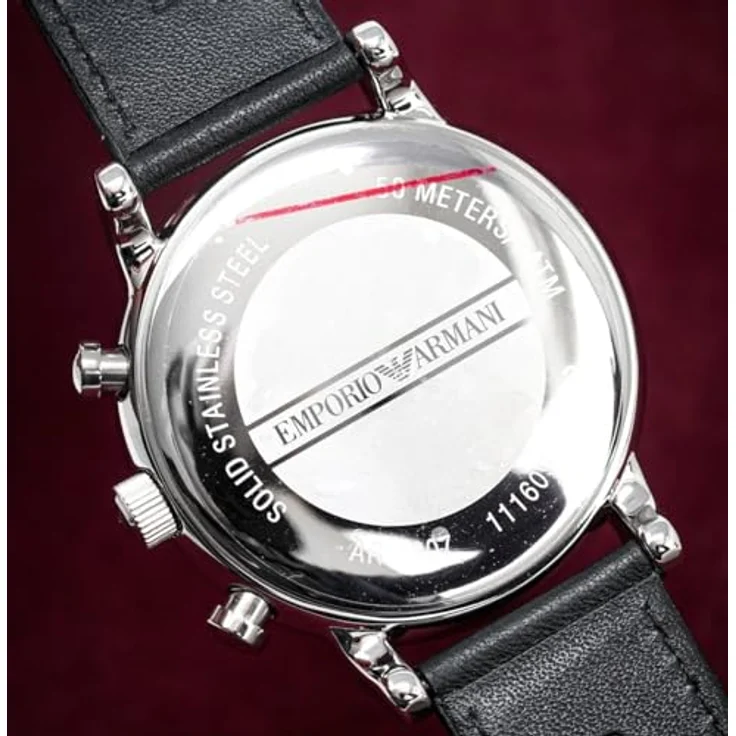 Emporio Armani Herrenuhr AR1807, QuarzChronographenwerk, 46mm Silber / Stahl Edelstahlgehäuse, schwarzes Lederarmband – Bild 3