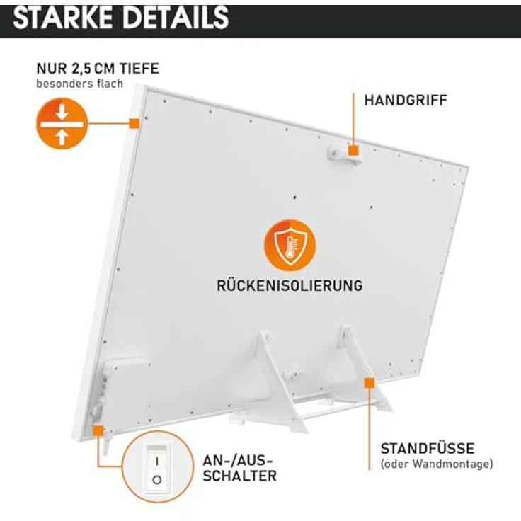 BRAST® Infrarotheizung 1100 Watt | Made in Europe | hoher Wirkungsgrad | Ultraflache Bauweise | IP 1100, Standsystem + Griff – Bild 4