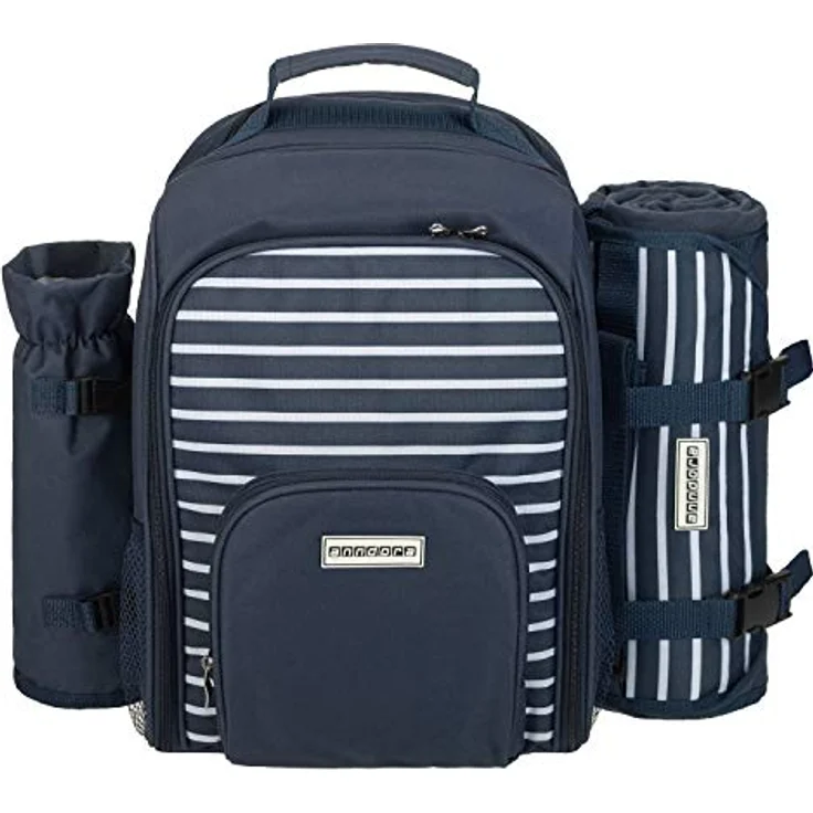 Mit Picknickdecke Navy und Picknickdecke  anndora Picknickrucksack 15 tlg. Zubehör und Picknickdecke blau weiß gestreift – Bild 2