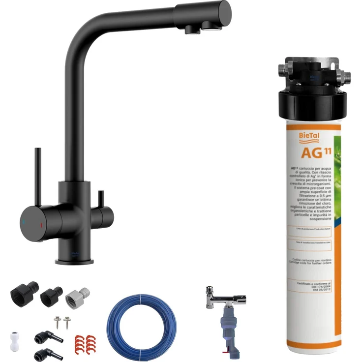 BieTal® Untertisch Wasserfilter Aktivkohle SET 3-Wege Hahn Schwarz & Wasserstop mit Effektiver Filterung & Verbesserung von Geschmack und Geruch – Bild 1