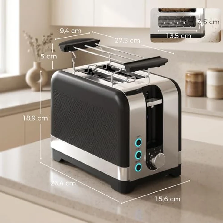 HOMCOM 2-Scheiben-Toaster, 7 Bräunungsstufen, Wärmerost, schwarz+siber, 930 W – Bild 8