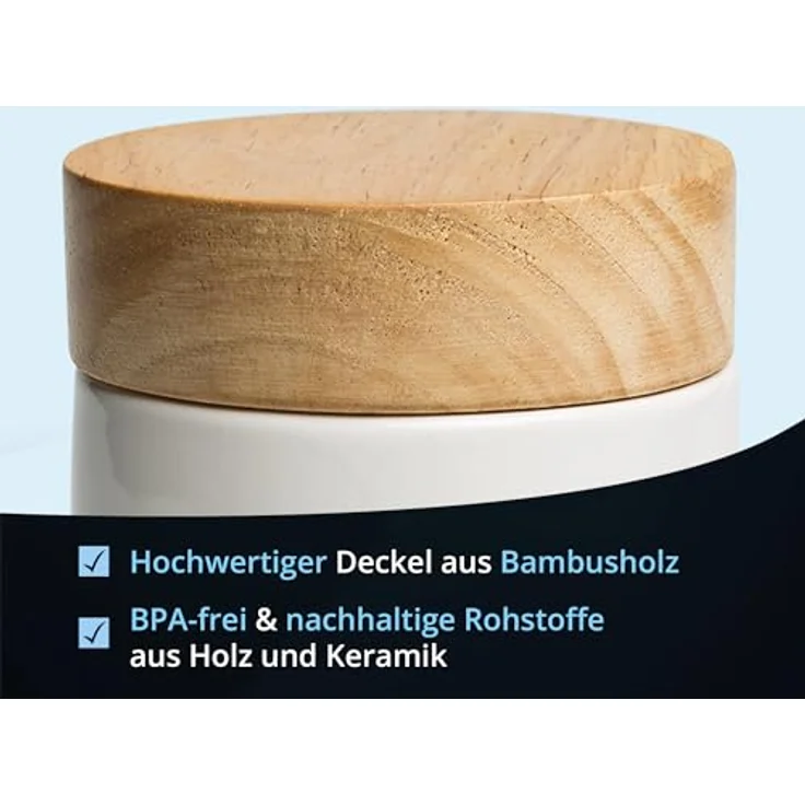 KHG Kaffeedose luftdicht, Vorratsdose für 250g Kaffeebohnen / 300-400g Kaffeepulver, Keramik Weiß mit Holzdeckel, glänzend glasiert, rund, beschriftet – Bild 5