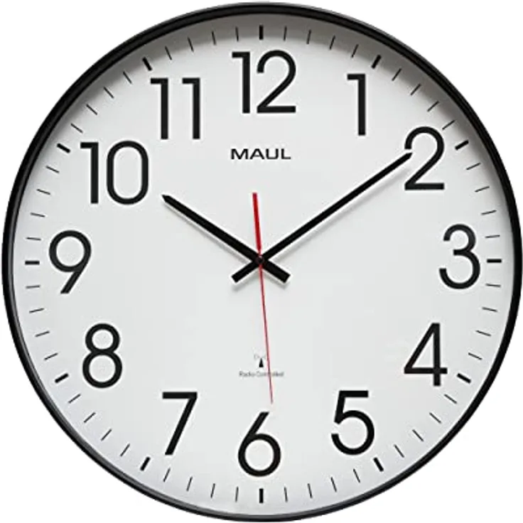 Maul Wanduhr MAULclimb Ø 47 cm | extragroße Funkuhr | stilvolle Uhr für Wohnbereich, Schlafzimmer, Küche, Büro und Besprechungsraum | gut lesbar Dank großen Ziffern | Schwarz