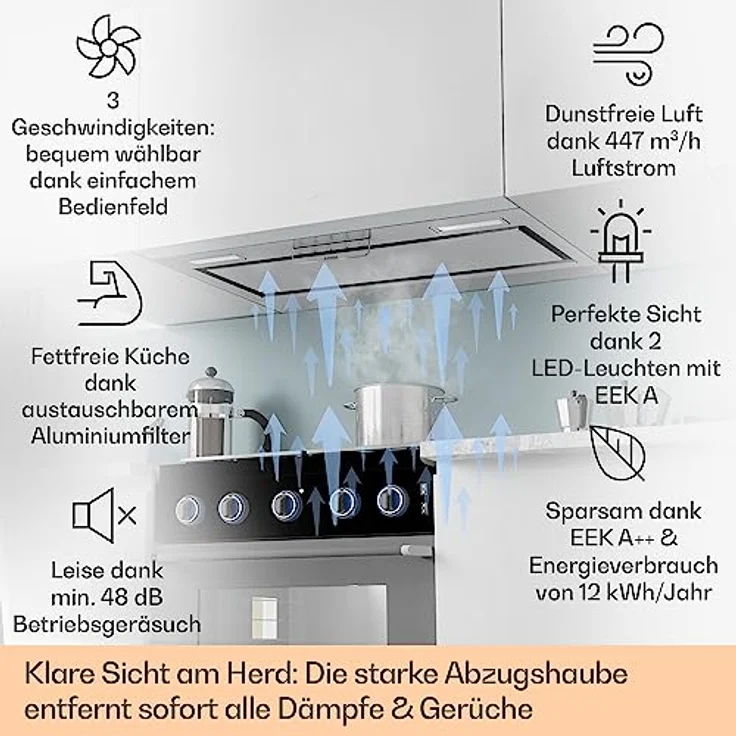 Klarstein Dunstabzugshaube 70cm, Abluft-Dunstabzugshaube mit Spülmaschinenfestem Aluminium Filter, Leise Abzugshaube für Abluft, 508 m³/h Luftstrom, Wandhauben mit LEDs, Dunstabzug zur Wandmontage – Bild 2