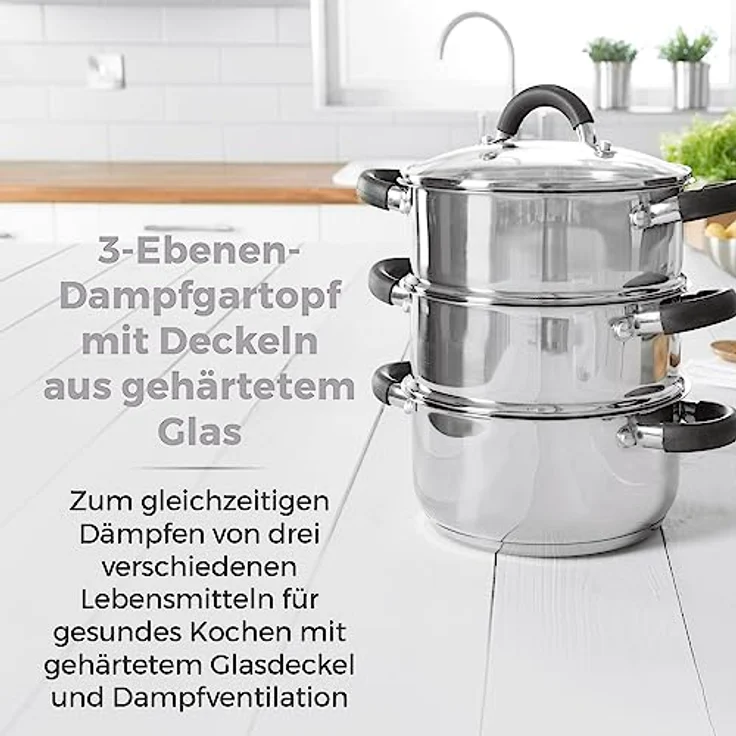 Tower T80836 Essentials Induktions-Dampfgarpfannen, 3 Etagen mit Glasdeckel, Silikongriffe, Edelstahl, Dampfgaren, Hochglanzpoliert, 18 cm, Silber – Bild 3