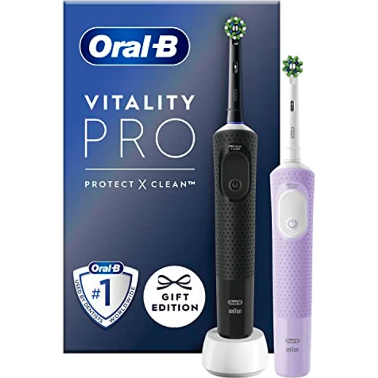 Oral-B Vitality Pro Elektrische Zahnbürste/Electric Toothbrush, Doppelpack mit 2 Aufsteckbürsten, 3 Putzmodi für Zahnpflege, Geschenk Mann/Frau, Designed by Braun, schwarz/lila – Bild 1