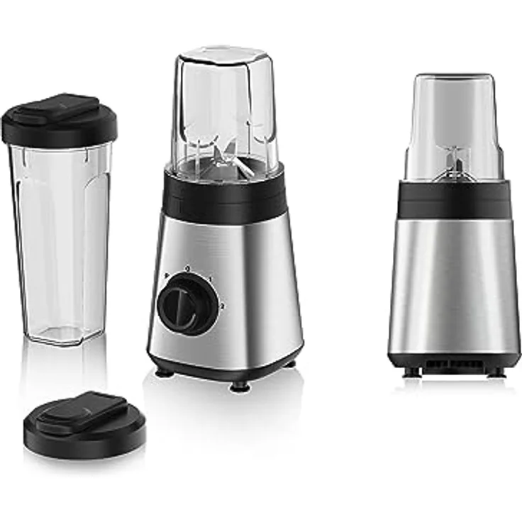 alpina Smoothie Maker Mixer 300W, Standmixer mit 2 Geschwindigkeiten, Pulsfunktion und 300ml/600ml Bechern, Edelstahl, Silber/Schwarz