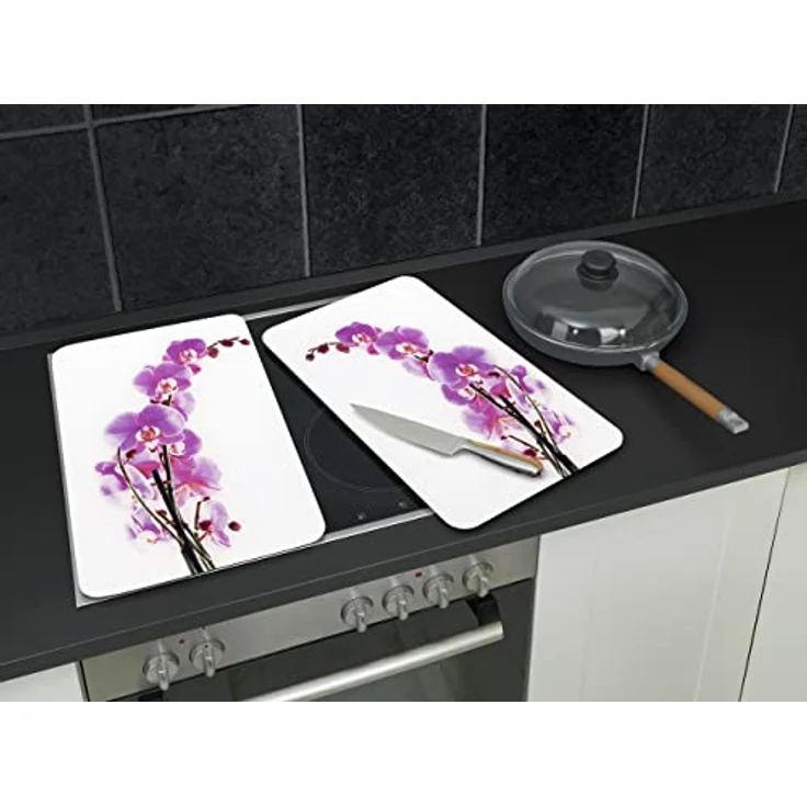 Wenko 2521433500 Herdabdeckplatte Universal Orchideenblüte - 2er Set, für alle Herdarten, Gehärtetes Glas, 30 x 1.8-4.5 x 52 cm, Mehrfarbig – Bild 2