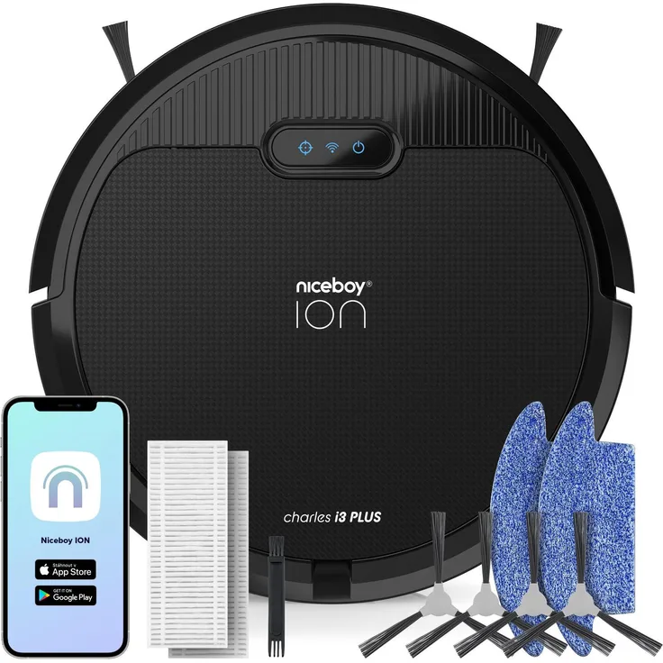 Niceboy ION Charles i3 Plus, Staubsauger-Roboter mit 2300 Pa Saugkraft, Gyroskop-Navigation und MAX Clean Filtration, schwarz
