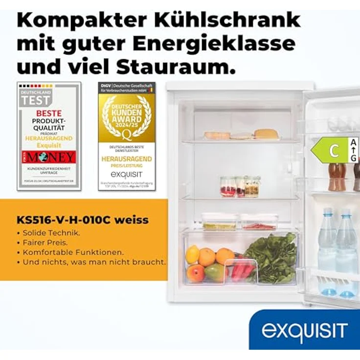 Exquisit KS516-V-H-010C Kühlschrank ohne Gefrierfach, 133 Liter, 3 Glasablagen, manuelle Temperaturregelung, wechselbarer Türanschlag, weiss – Bild 2