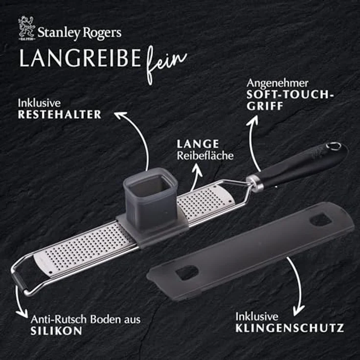 Stanley Rogers Langreibe fein mit breiter Reibefläche, scharfen Edelstahlklingen, inklusive Restehalter - Ideal für Käse, Muskatnuss & mehr – Bild 2