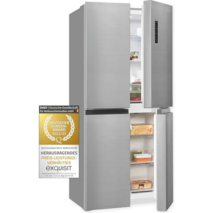Exquisit Multidoor MD365-125-040D inoxlook | 362 l Volumen | Multi Door Kühlschrank NoFrost | Cross Door Kühl-Gefrierkombination | Frischefach | Alarm | LED-Display