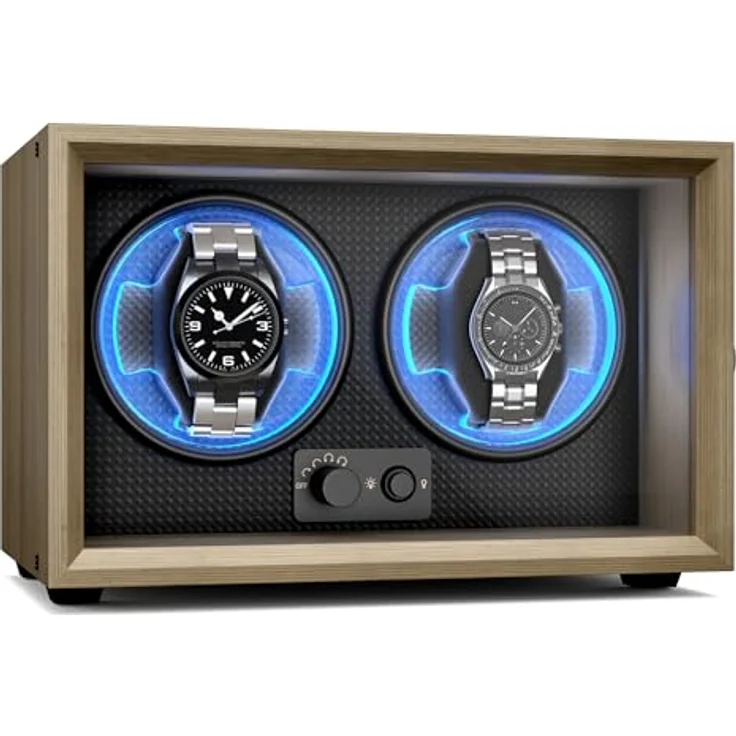 Klarstein Uhrenbeweger Brienz, eleganter Uhrenkasten für 2 Uhren mit Holz-Optik und blauer LED-Beleuchtung, 4 Rotationsmodi – Bild 1