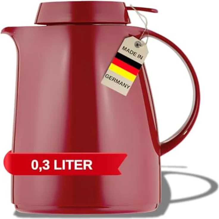 Helios Servitherm Kunststoff-Isolierkanne, hochglanzrotes Design, 0,3 Liter, Einhandbedienung, Qualitätsglas-Einsatz, 5 Jahre Warmhaltegarantie – Bild 1