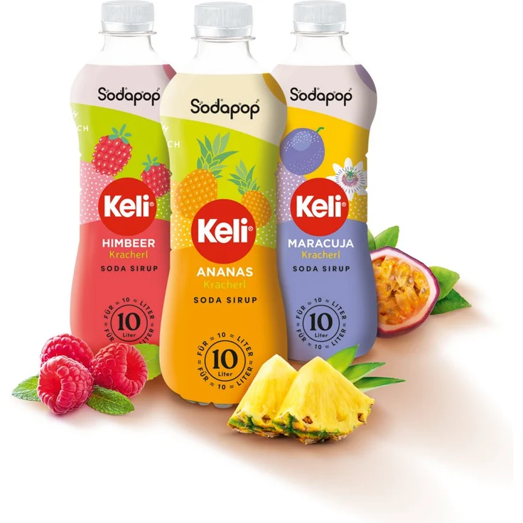Sodapop Trinkflasche SODAPOP KELI Sirup 3er Set mit Keli Ananas, Keli Maracuja und Keli Himbeer, immer verdünnen!