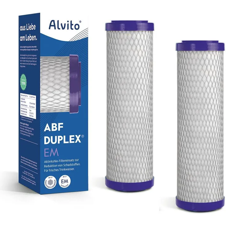 Alvito ABF Duplex EM, 2x Hochleistungswasserfilter mit Aktivkohleblock, Hohlfasermembran und EM-Keramik, 6000 Liter Kapazität