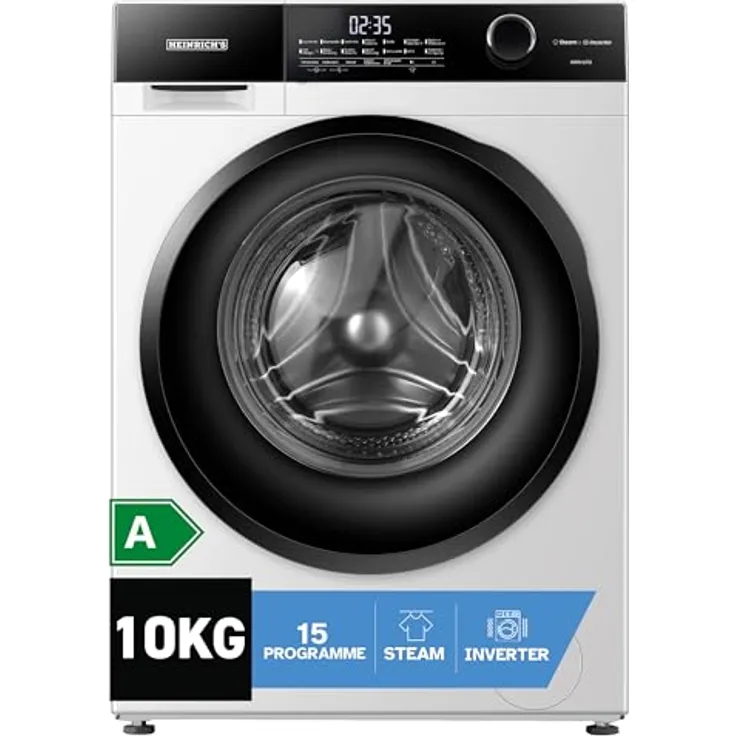 HEINRICHS Waschmaschine HWM-10K, Steam-Funktion, 10kg Mega Kapazität, 15 Programme, 1400 U/min., Aqua-Stop, LED-Display, Endzeitvorwahl, mit Kindersicherung, Inverter Motor, Weiß