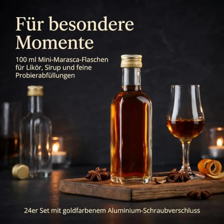 gouveo Trinkflasche Glasflaschen 100 ml Maraska mit Schraub-Deckel - Kleine Flasche 0,1l, 24er Set, transparent-goldfarben – Bild 8