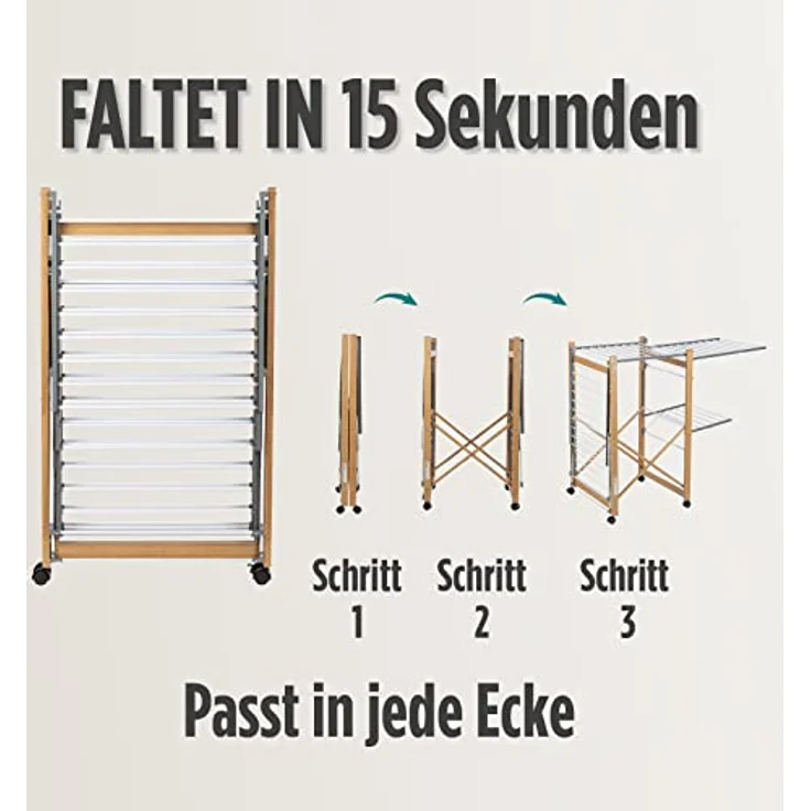 Vitapur House Care Wäscheständer - Ausziehbarer Standtrockner im Holzoptik - Mobile mit Rollen - Klappbarer Flügelwäschetrockner auch für Lange Wäschestücken - für Innen und Draußen – Bild 5
