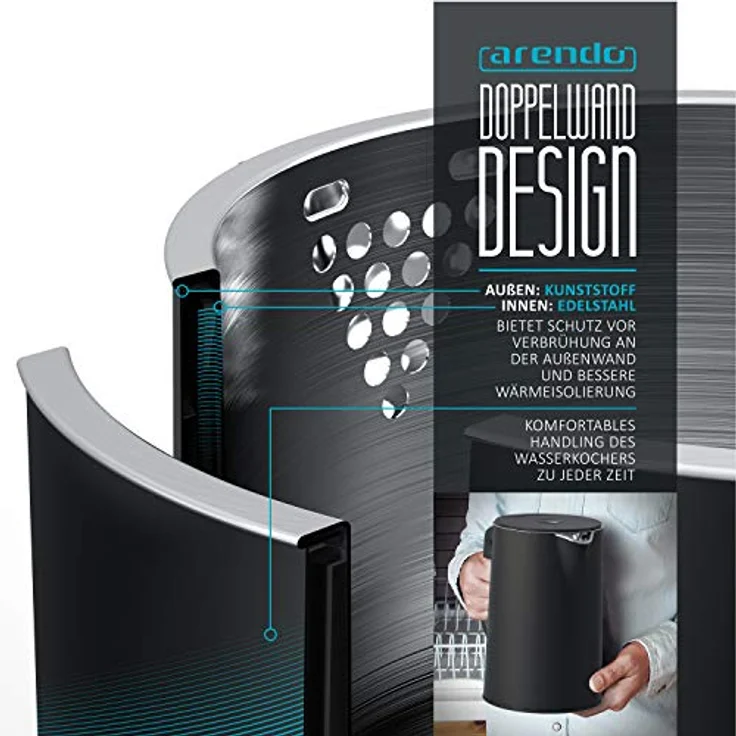 Arendo Edelstahl Wasserkocher mit Temperatureinstellung 40-100 Grad in 5er Schritten - Doppelwand Design - Modell ELEGANT - 1,5 Liter - 2200 W - Teekocher mit Temperaturanzeige - GS - Schwarz – Bild 4