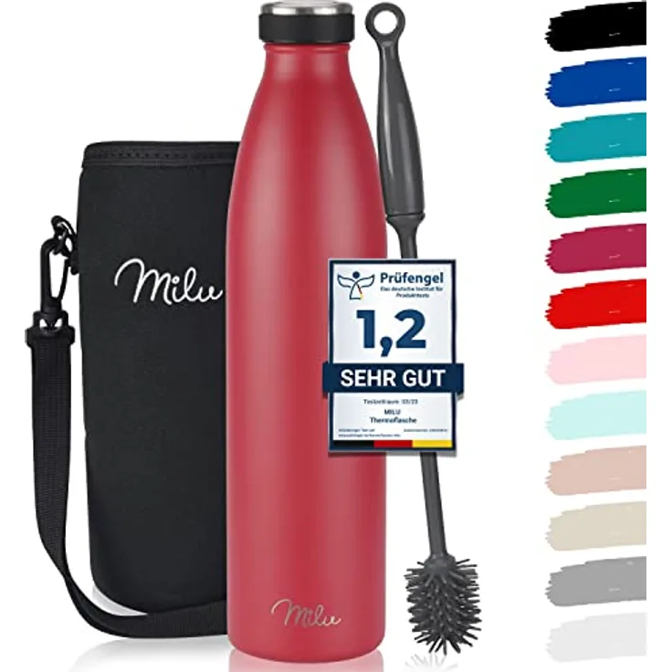 Milu Edelstahl Trinkflasche 350ml 500ml 750ml 1L, 1,5L Thermosflasche, Isolierte Wasserflasche, Auslaufsichere Isolierflasche doppelwandig, Kohlensäure geeignet – inkl. Reinigungsbürste (Rot,750ml)