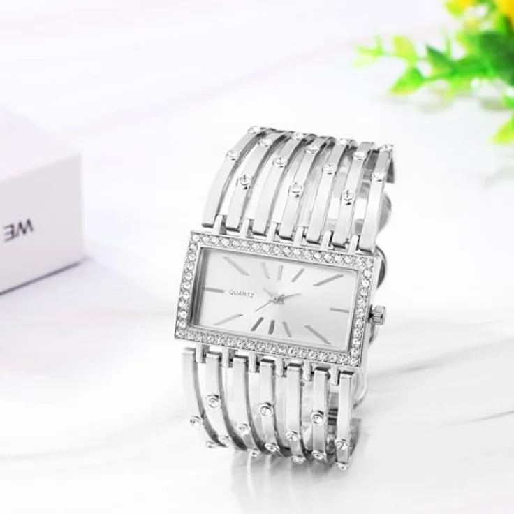 JewelryWe Rechteckige Damenuhr mit Strass, Silbernes Metallarmband, Analog Quarz, Elegante Diamant-Armspange – Bild 5