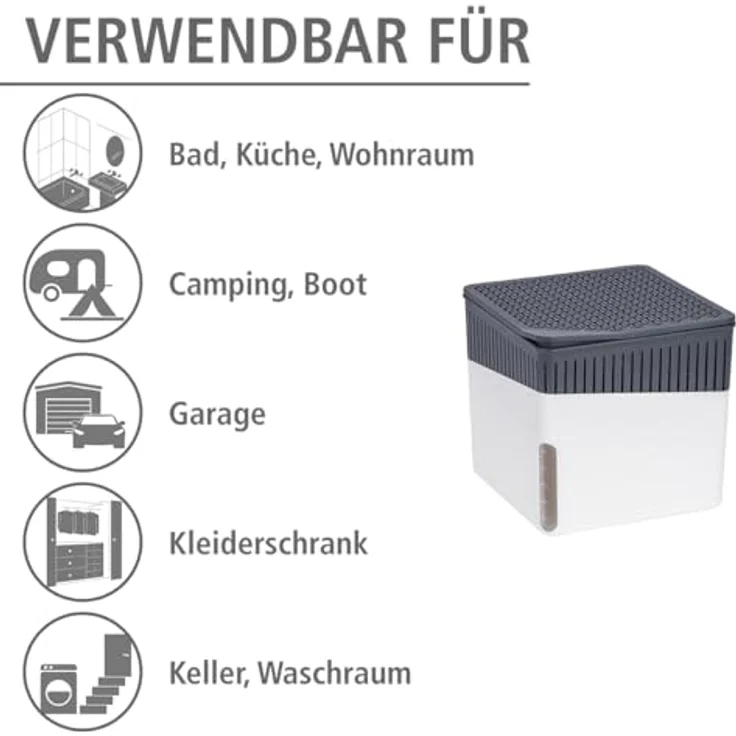 WENKO Raumentfeuchter Cube, Luftentfeuchter reduziert Schimmel und Gerüche, Auffangschale mit 1 kg Granulatblock nachfüllbar, fasst bis zu 1,6 l Feuchtigkeit, Maße (BHT): 16,5x15,7x16,5 cm, weiß – Bild 4