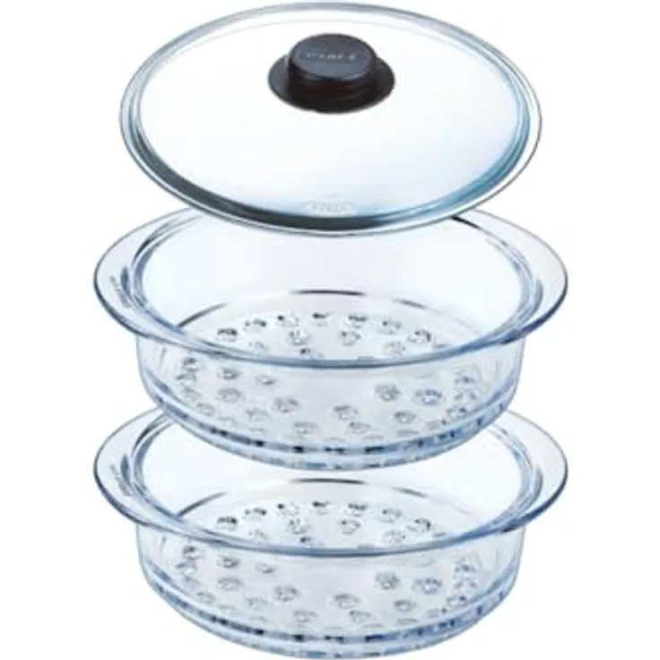 Pyrex Doppelter Dampfkorb 20 cm mit Deckel aus Borosilikatglas, geeignet zum Dampfgaren, 2 Dampfkörbe