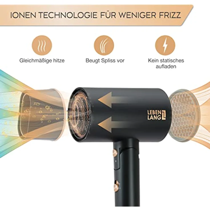 LEBENLANG Föhn Ionen 2100W - Anti-Spliss mit Kaltluft Modus | Reisefön klappbar | Haartrockner Hair Dryer Fön Klein Haarfön Haarföhn Reiseföhn Hairdryer Frisuren Zubehör Reisehaartrockner – Bild 2