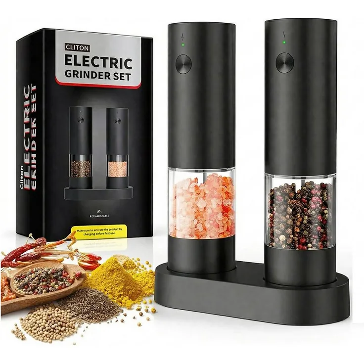 Forrlite Elektrische Salz-/Pfeffermühle 2er Set, Wiederaufladbar, einstellbares Keramikmahlwerk, LED Beleuchtung, Einhandbedienung, inkl. Reinigungsbürste