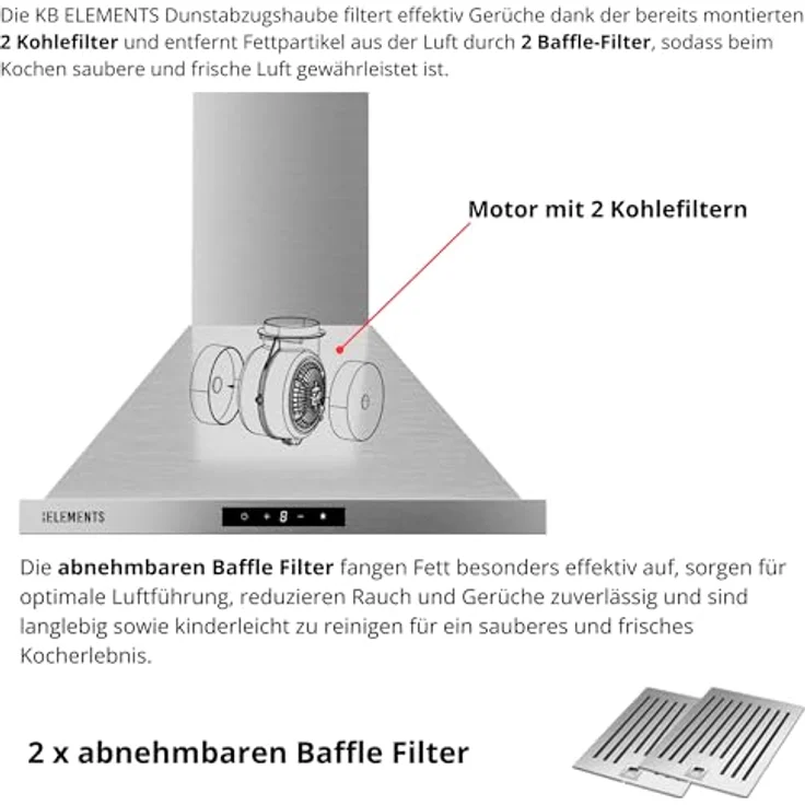 KB ELEMENTS Dunstabzugshaube 60cm, Umluft/Abluft mit 650m³/h Saugleistung, Brushless-Motor, Touch-Gestensteuerung, Edelstahl, inklusive 2 Aktivkohlefilter und 2 Baffle-Fettfilter – Bild 5