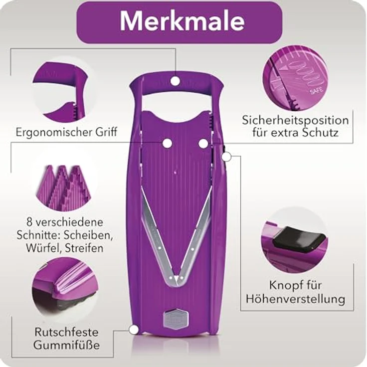 Börner V5 PowerLine Gemüsehobel Starter Set (6-tlg.) • Gemüseschneider (V-Hobel) für Obst & Gemüse + Fruchthalter + Einschübe mit Box • 4 Schnittstärken • Küchenhobel-Set (Violett) – Bild 4