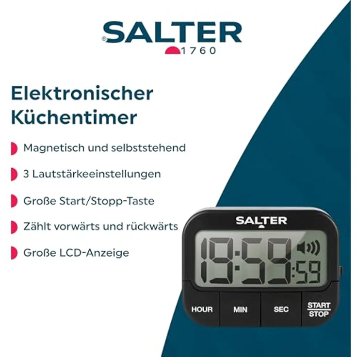 SALTER extralauter Küchentimer aus Kunststoff, Küchenuhr, Vorwärtszählen und Countdown Funktion, großes LCD Display, 3 einstellbare Töne-Lautstärken, Timer – Bild 3