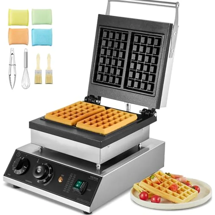 VEVOR kommerzielles Waffeleisen Waffelmaschine 2000 W, antihaftbeschichtetes belgisches Edelstahl Waffeleisen mit Temperatur- und Zeitregelung, für Restaurant Bäckerei Snackbar, 2er Pack
