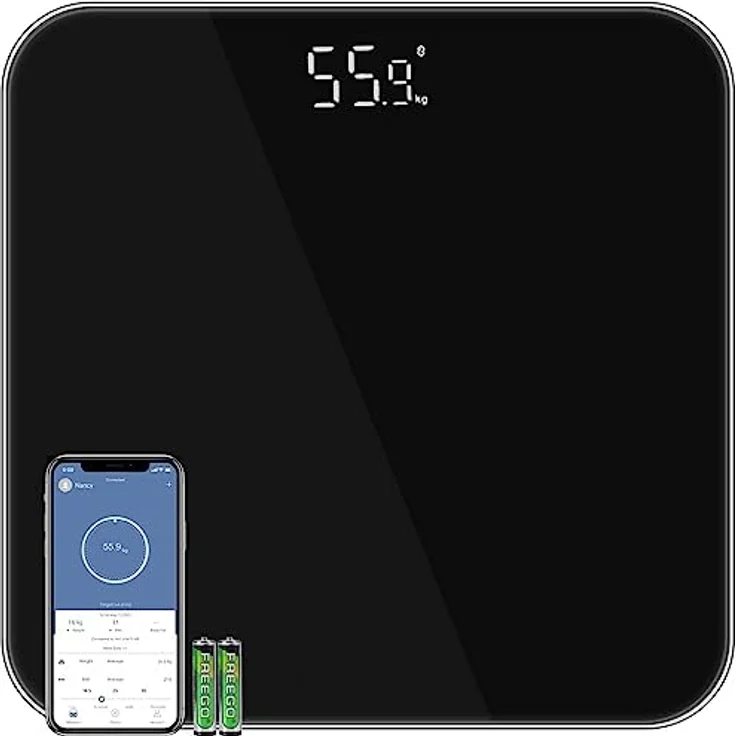 Digitale Personenwaage mit BMI-Funktion - Gewichtswaage mit LED-Display und Step-On-Technologie, Smartphone-App, Sicherheitsglas, 5-180 kg - Preisvergleich – Bild 1