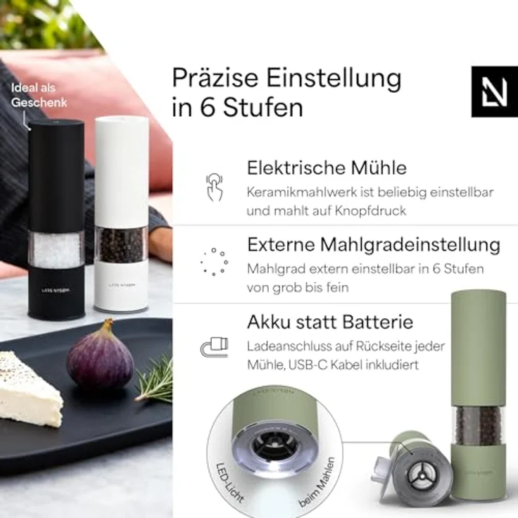 LARS NYSØM Salz- und Pfeffermühle Elektrisch 2er Set, Edelstahl mit einstellbarem Keramik-Mahlwerk, USB-C wiederaufladbar, Sage Green – Bild 2