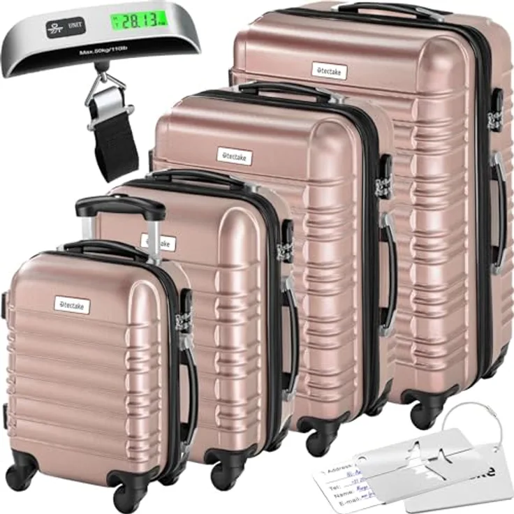 tectake®, 4tlg. Hartschalenkoffer Set, Reisekoffer Set mit Rollen, Hartschale aus ABS, Koffer Set mit Teleskopgriff und Schloss, inkl. Kofferwaage und Kofferanhänge, Trolley Größen S-M-L-XL - roségold