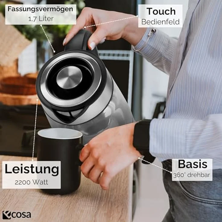 Ecosa® 2in1 Wasserkocher & Teekocher, Glas Edelstahl, 1,7 Liter, 2200 Watt, Temperatureinstellung 40°C-100°C, LED, Warmhaltefunktion, BPA-frei – Bild 4