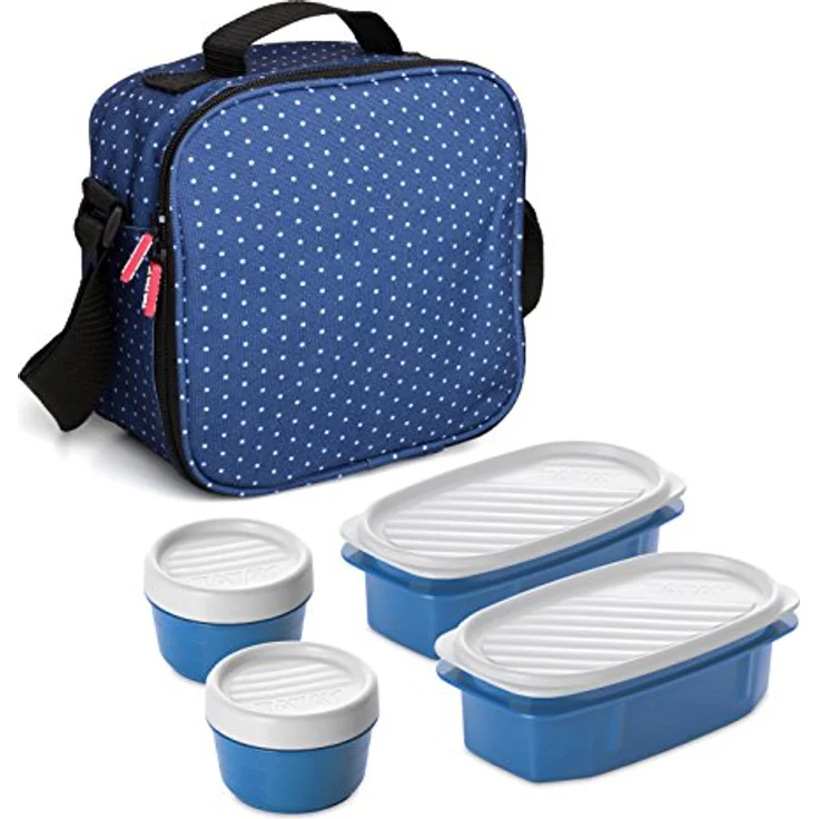 Tatay Kühltasche Klein, 3L Kapazität, 4 Kunststoff Frischaltendosen (2 x 0,5 l, 2 x 0,2 l) BPA frei, Blau mit Punkten. Messen 22,5 x 10 x 22 cm – Bild 1