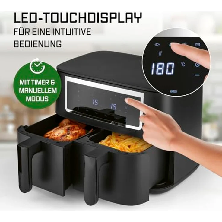 GOURMETmaxx Heißluftfritteuse Doppelkammer 2 x 4 L, Synchro-Garzonen Airfryer, Fritteuse mit Touchscreen,  2 Kammern & 10 Programmen – Bild 5