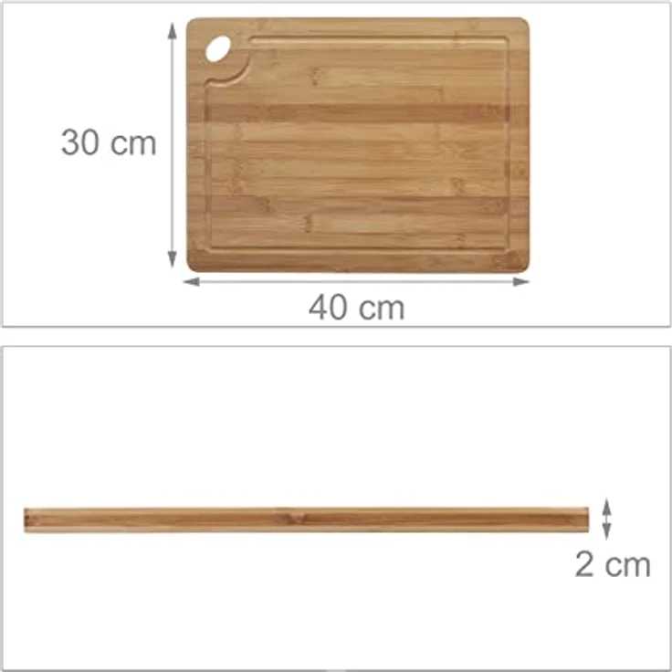 Relaxdays Tranchierbrett Bambus, Schneidebrett, Saftrille, Griffloch, massiv, HxBxT: 2 x 40 x 30 cm, Holz, naturfarben – Bild 2