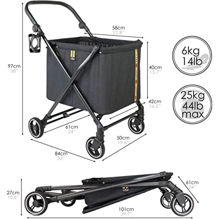 My Duque MAX Shopping Caddy, Faltbarer Einkaufstrolley mit 4 Rollen, Höhenverstellung, Fußbremse und Getränkehalter, moderne Einkaufstasche, bis 25kg Traglast – Bild 3