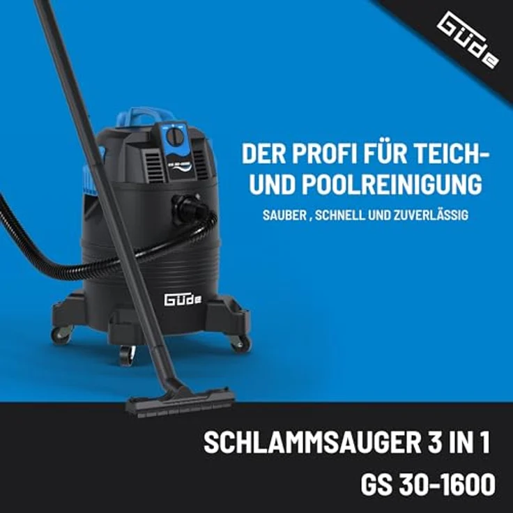 Güde GS 30-1600 3 in 1 Schlammsauger, 1600 Watt, 30 Liter Behälter, 4 Meter Saugschlauch, für Teich- und Poolreinigung – Bild 2