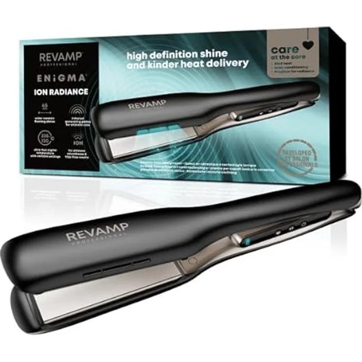 REVAMP Enigma Radiance Ionen breites Glätteisen - extra breite Platten für One-Stroke-Styling, Glätten, geschwungenes Design für haltbare Wellen & Locken - professionelles Keramik Glätteisen, Schwarz